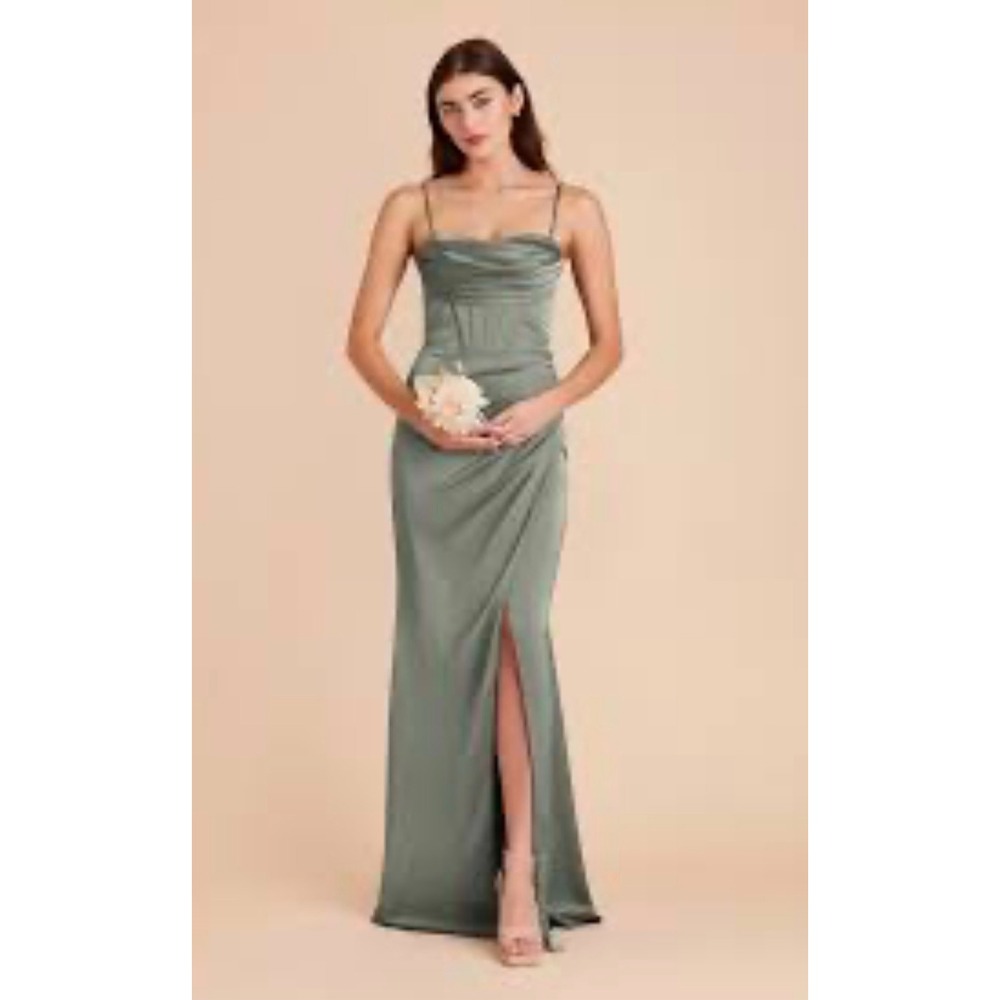 NWT Birdy Grey Carrie Matte Satin Dress Sage Green Corset Cowl Neck Gown Small